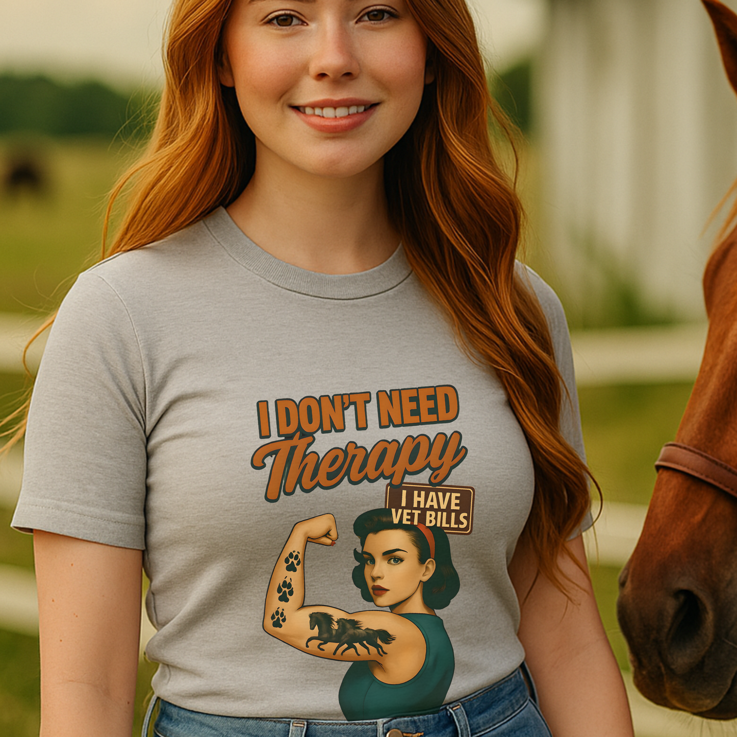 Funny Horse Girl Shirt | “I Don’t Need Therapy I Have Vet Bills” Tee | Sarcastic Equestrian Gift | Vintage Cowgirl Graphic T-Shirt