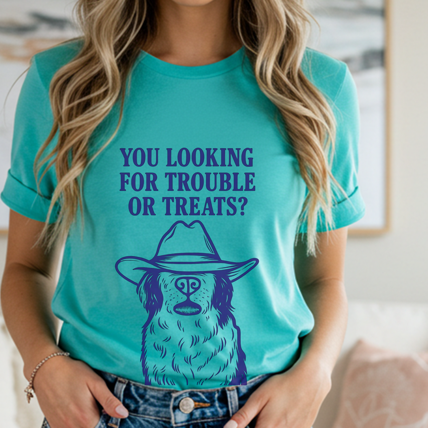 Funny Cowboy Dog Shirt | “You Lookin’ for Trouble or Treats?” Western Pup Humor Tee | Gift for Dog Lovers with Ranch Sass