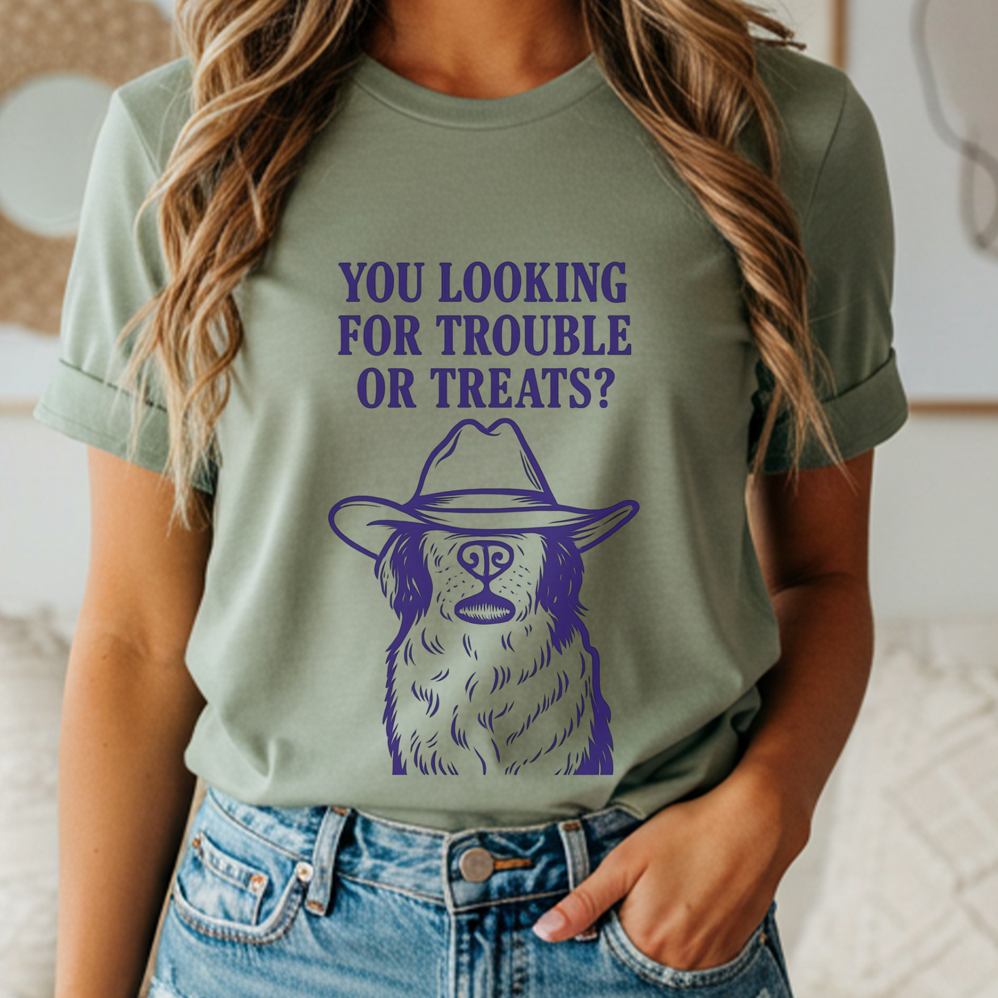 Funny Cowboy Dog Shirt | “You Lookin’ for Trouble or Treats?” Western Pup Humor Tee | Gift for Dog Lovers with Ranch Sass