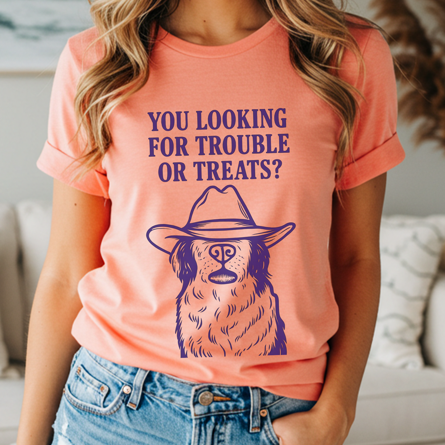 Funny Cowboy Dog Shirt | “You Lookin’ for Trouble or Treats?” Western Pup Humor Tee | Gift for Dog Lovers with Ranch Sass