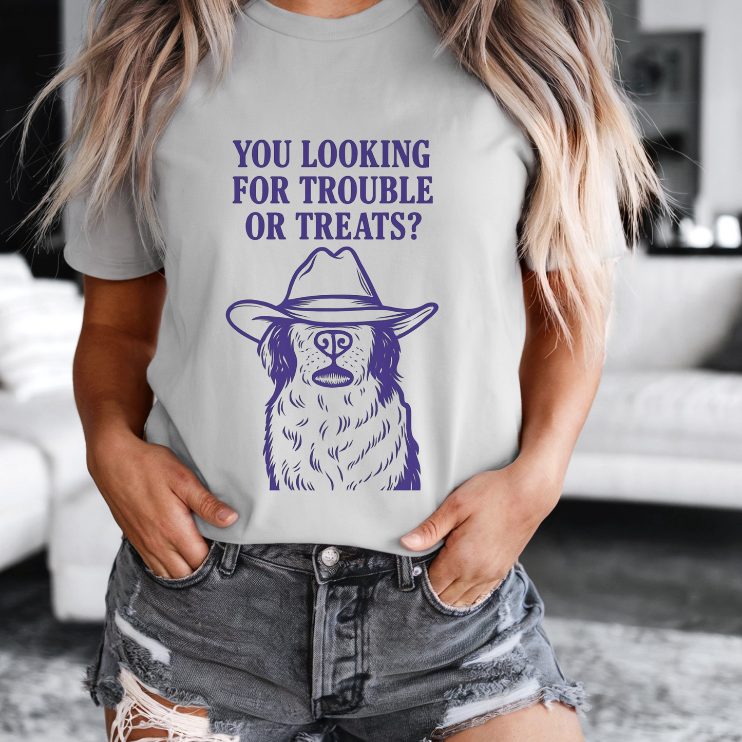 Funny Cowboy Dog Shirt | “You Lookin’ for Trouble or Treats?” Western Pup Humor Tee | Gift for Dog Lovers with Ranch Sass