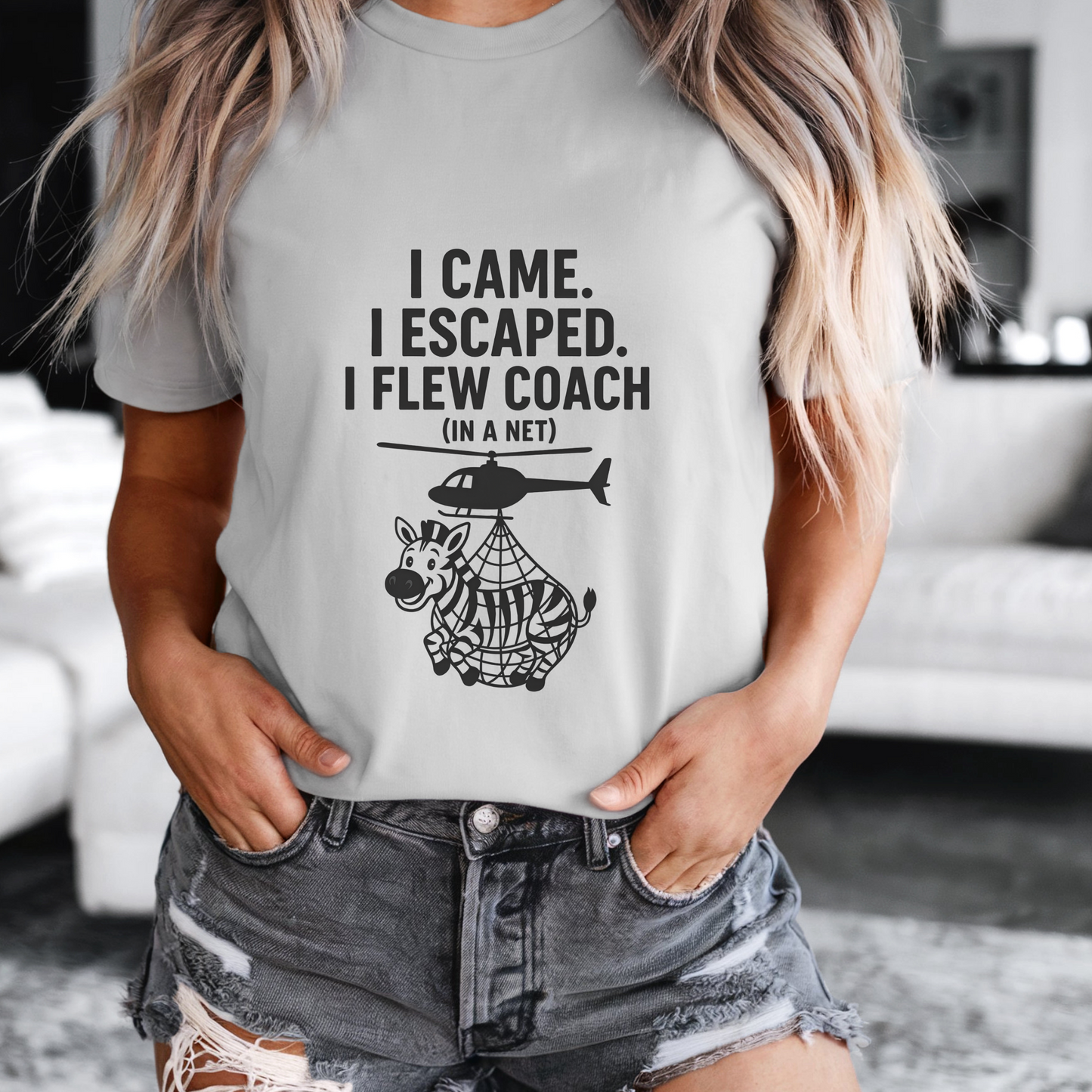 Funny Zebra Graphic Tee, I Came I Escaped I Flew Coach T-Shirt, Unisex Casual Wear, Gift Idea for Travelers, Animal Lover Apparel