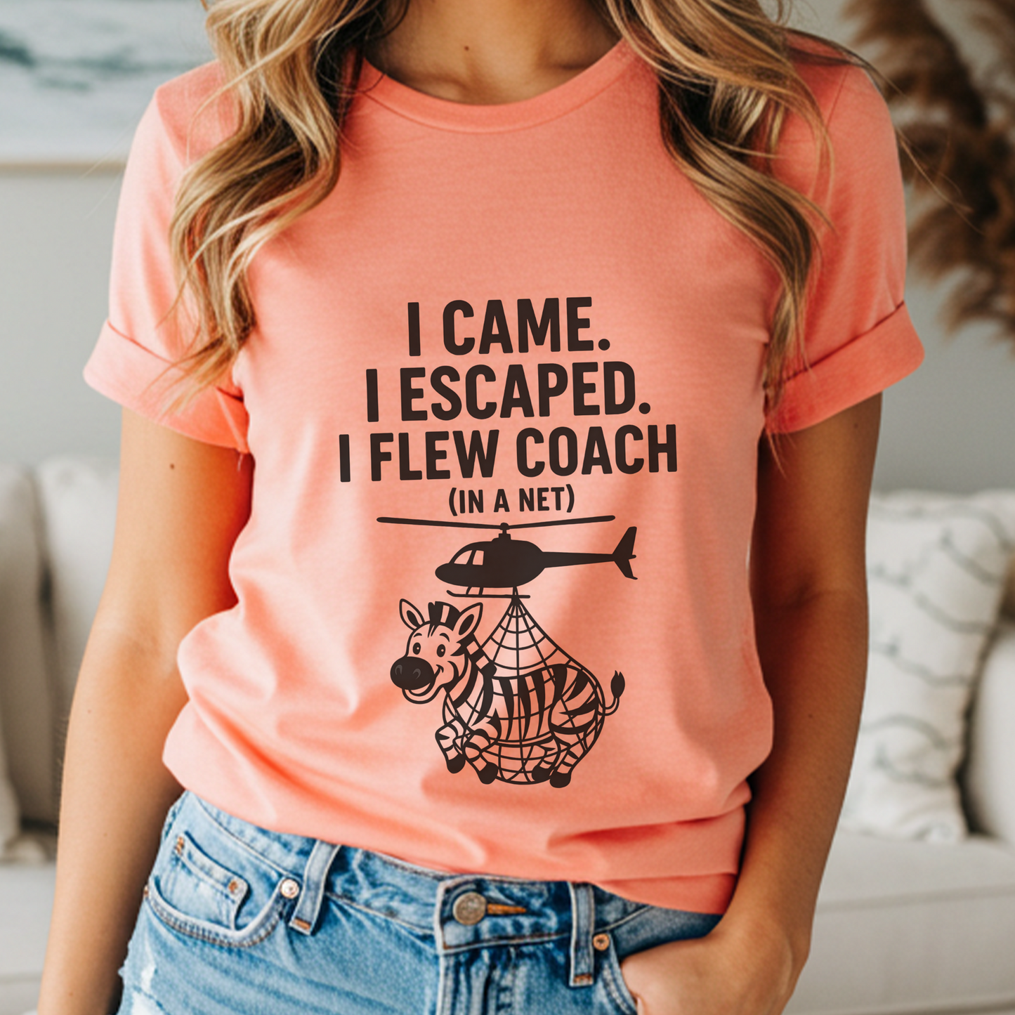 Funny Zebra Graphic Tee, I Came I Escaped I Flew Coach T-Shirt, Unisex Casual Wear, Gift Idea for Travelers, Animal Lover Apparel