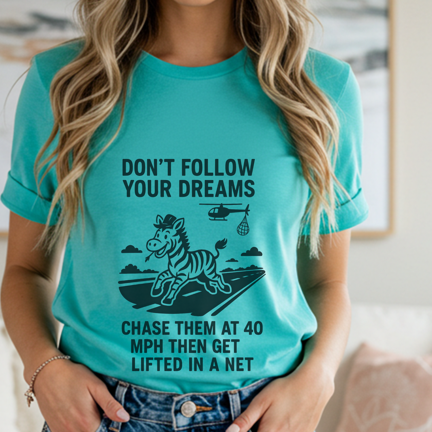 Funny Zebra Shirt | “Don’t Follow Your Dreams, Chase Them at 40 MPH” Tee | Viral Escape Ed Graphic Tee | Farm Humor Gift for Equestrian Rebels