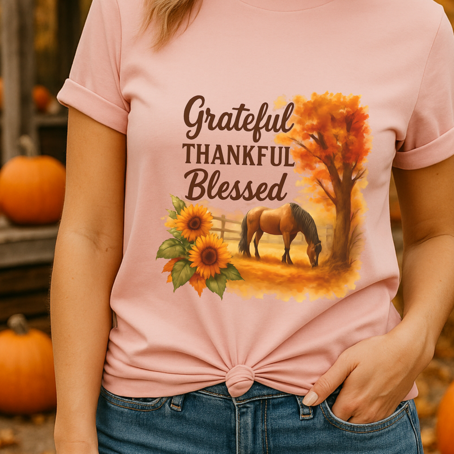 Grateful Thankful Blessed Horse Shirt – Rustic Western Fall Graphic Tee, Country Living Vintage Farm Shirt, Cowgirl Autumn Gift Top