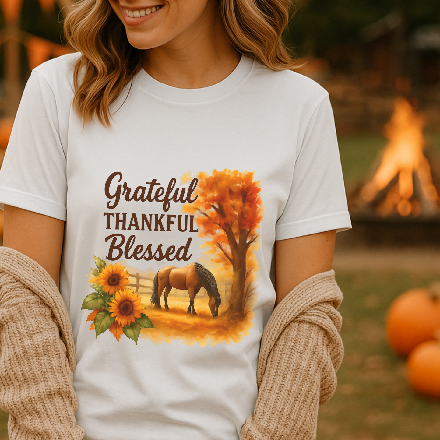 Grateful Thankful Blessed Horse Shirt – Rustic Western Fall Graphic Tee, Country Living Vintage Farm Shirt, Cowgirl Autumn Gift Top