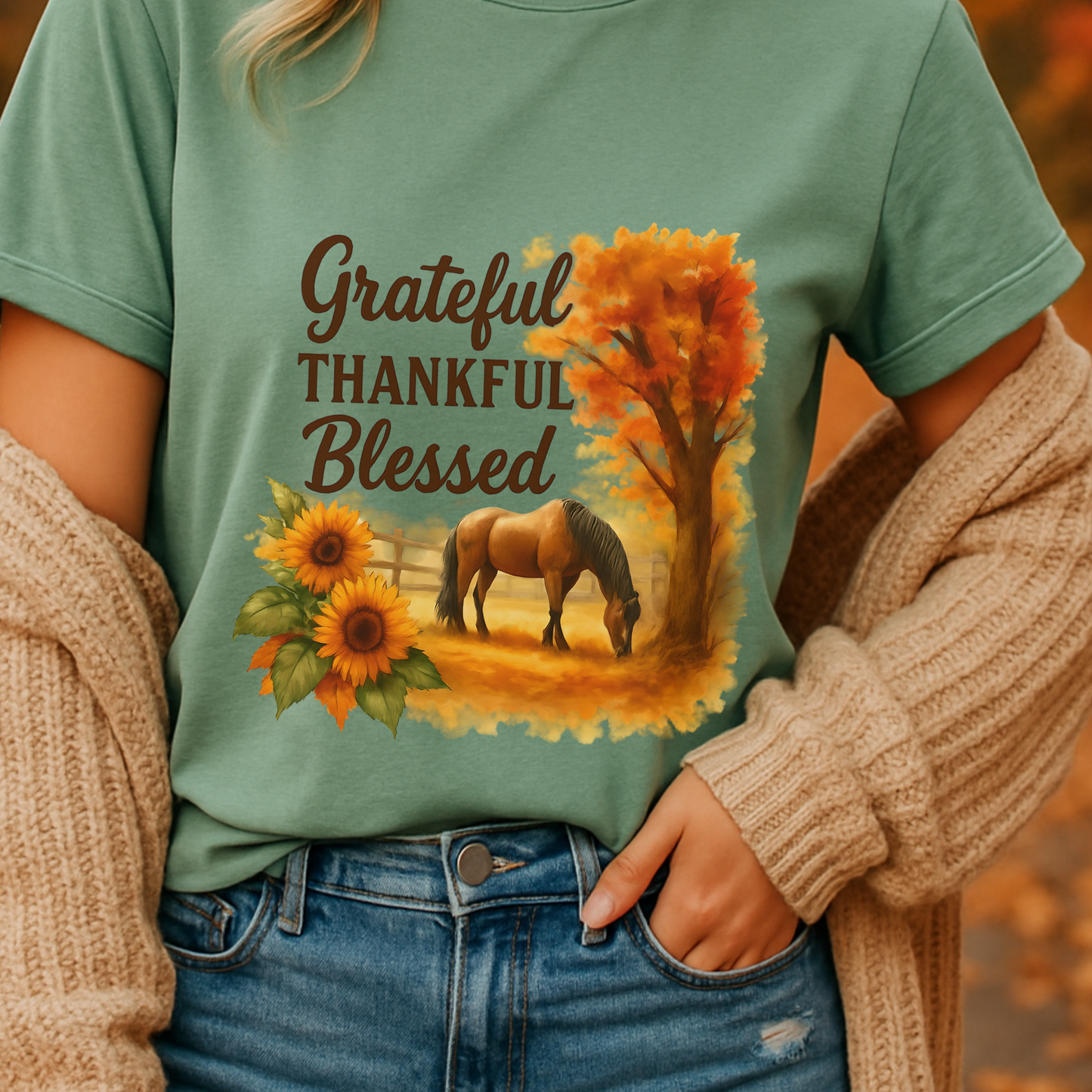 Grateful Thankful Blessed Horse Shirt – Rustic Western Fall Graphic Tee, Country Living Vintage Farm Shirt, Cowgirl Autumn Gift Top
