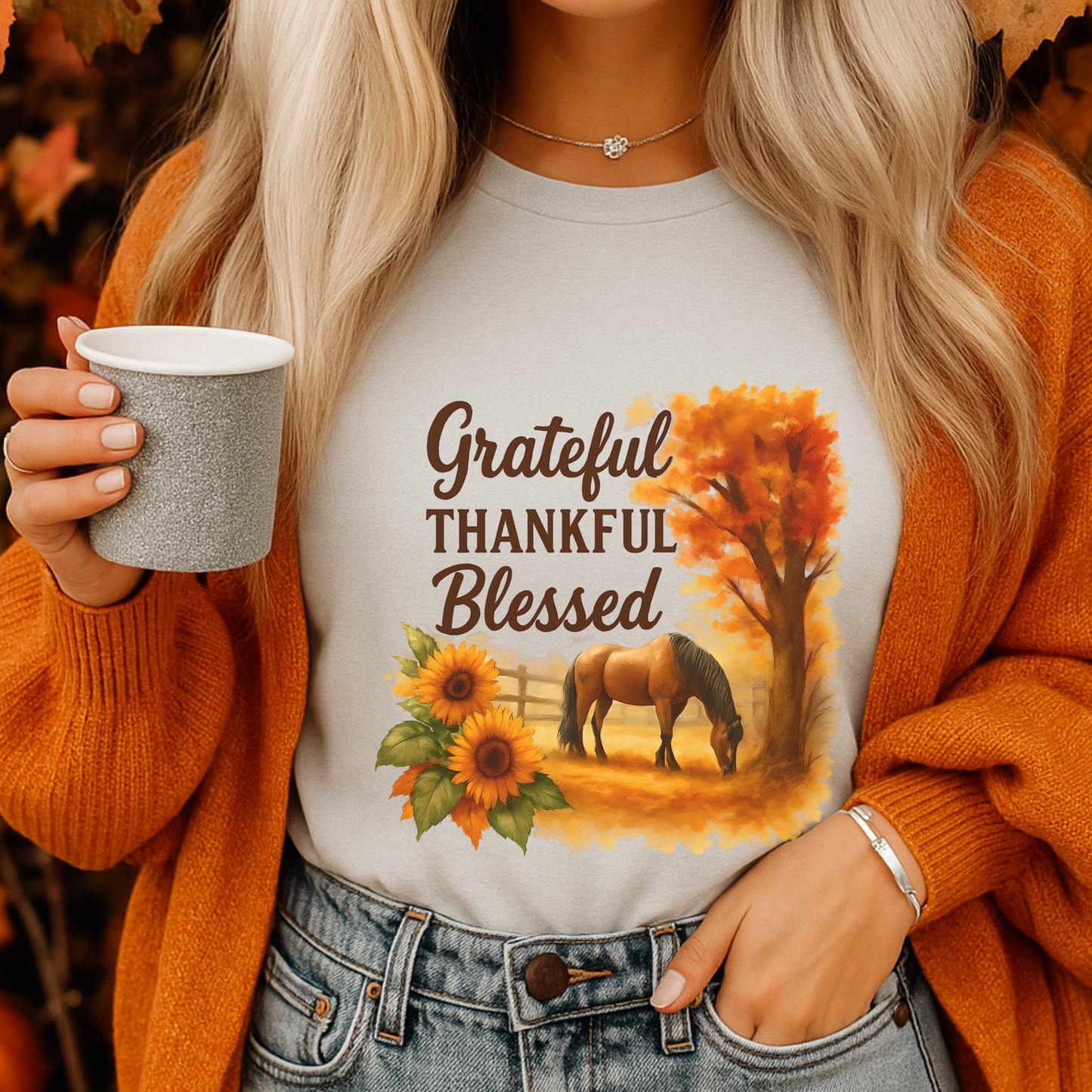 Grateful Thankful Blessed Horse Shirt – Rustic Western Fall Graphic Tee, Country Living Vintage Farm Shirt, Cowgirl Autumn Gift Top
