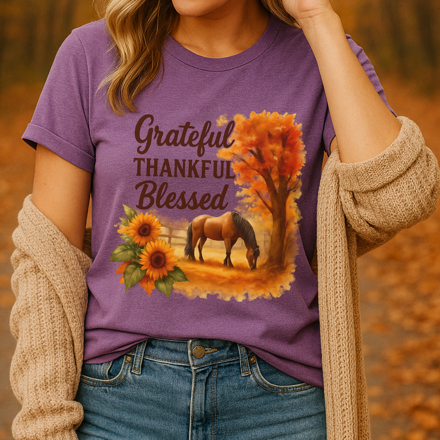 Grateful Thankful Blessed Horse Shirt – Rustic Western Fall Graphic Tee, Country Living Vintage Farm Shirt, Cowgirl Autumn Gift Top
