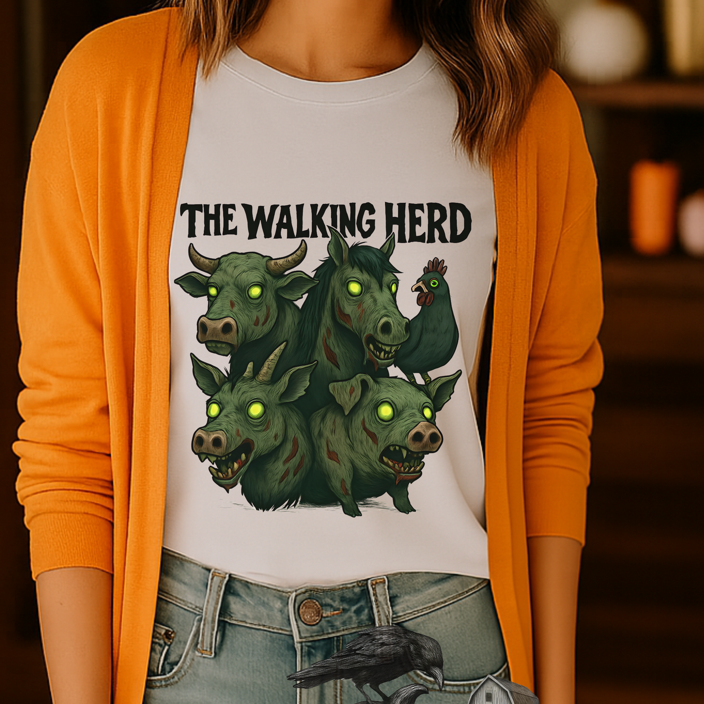 The Walking Herd Zombie Farm Shirt – Funny Halloween Barn Animals Tee, Spooky Cowgirl Graphic T-Shirt, Rustic Horror Farmhouse Shirt, Zombie Western Tee