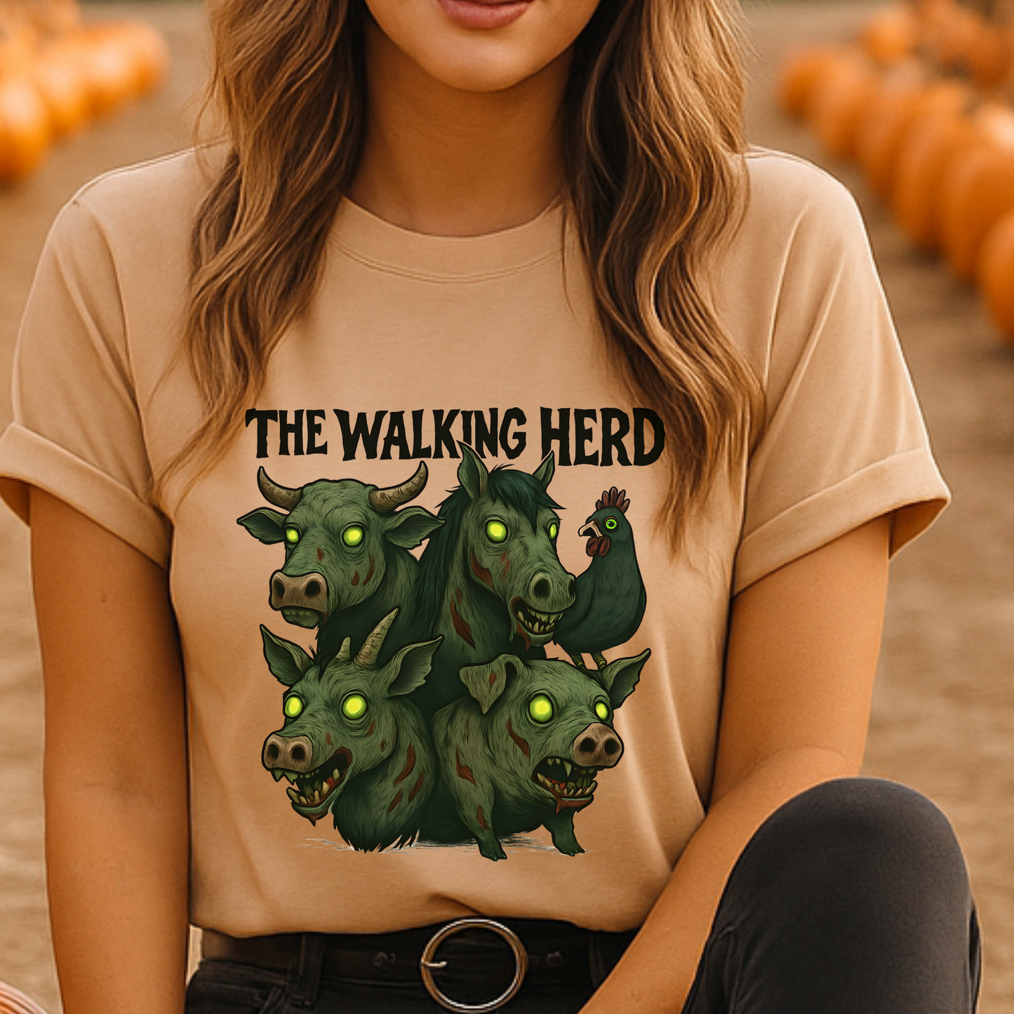 The Walking Herd Zombie Farm Shirt – Funny Halloween Barn Animals Tee, Spooky Cowgirl Graphic T-Shirt, Rustic Horror Farmhouse Shirt, Zombie Western Tee