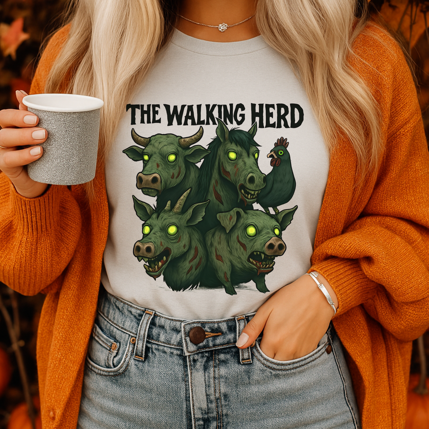 The Walking Herd Zombie Farm Shirt – Funny Halloween Barn Animals Tee, Spooky Cowgirl Graphic T-Shirt, Rustic Horror Farmhouse Shirt, Zombie Western Tee