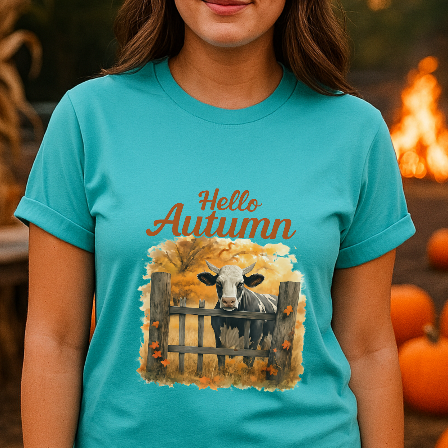 Hello Autumn Cow Shirt – Rustic Farmhouse Fall Tee, Country Girl Pumpkin Patch Shirt, Western Cow Lover Graphic T-Shirt, Cozy Harvest Season Shirt