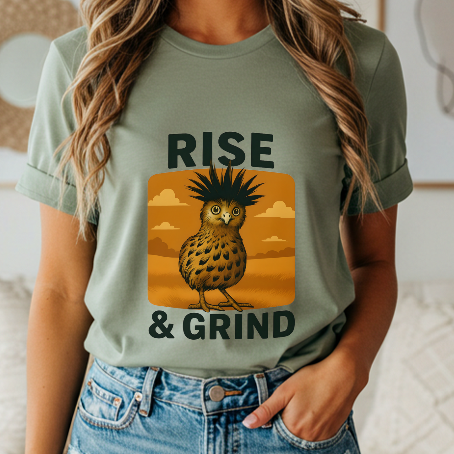 Rise & Grind Funny Bird Shirt – Vintage Morning Coffee Tee, Rustic Western Graphic, Sarcastic Farm Animal T-Shirt, Cowgirl Country Life Gift