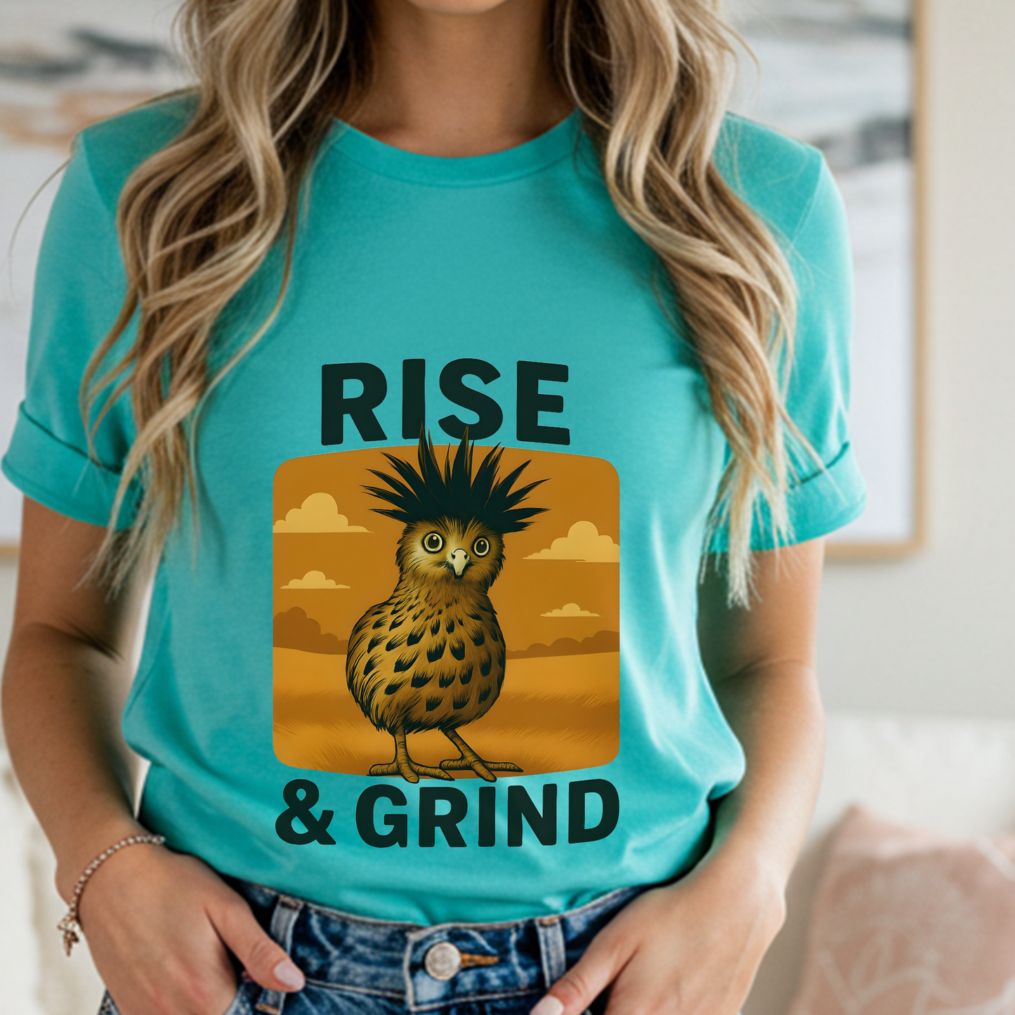 Rise & Grind Funny Bird Shirt – Vintage Morning Coffee Tee, Rustic Western Graphic, Sarcastic Farm Animal T-Shirt, Cowgirl Country Life Gift