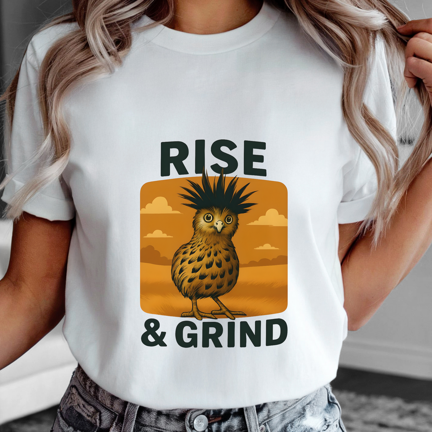 Rise & Grind Funny Bird Shirt – Vintage Morning Coffee Tee, Rustic Western Graphic, Sarcastic Farm Animal T-Shirt, Cowgirl Country Life Gift