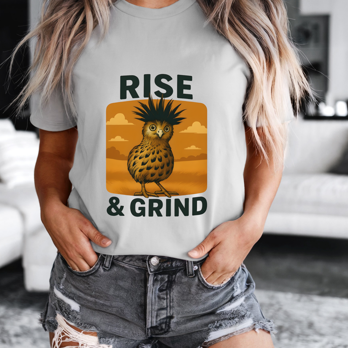 Rise & Grind Funny Bird Shirt – Vintage Morning Coffee Tee, Rustic Western Graphic, Sarcastic Farm Animal T-Shirt, Cowgirl Country Life Gift