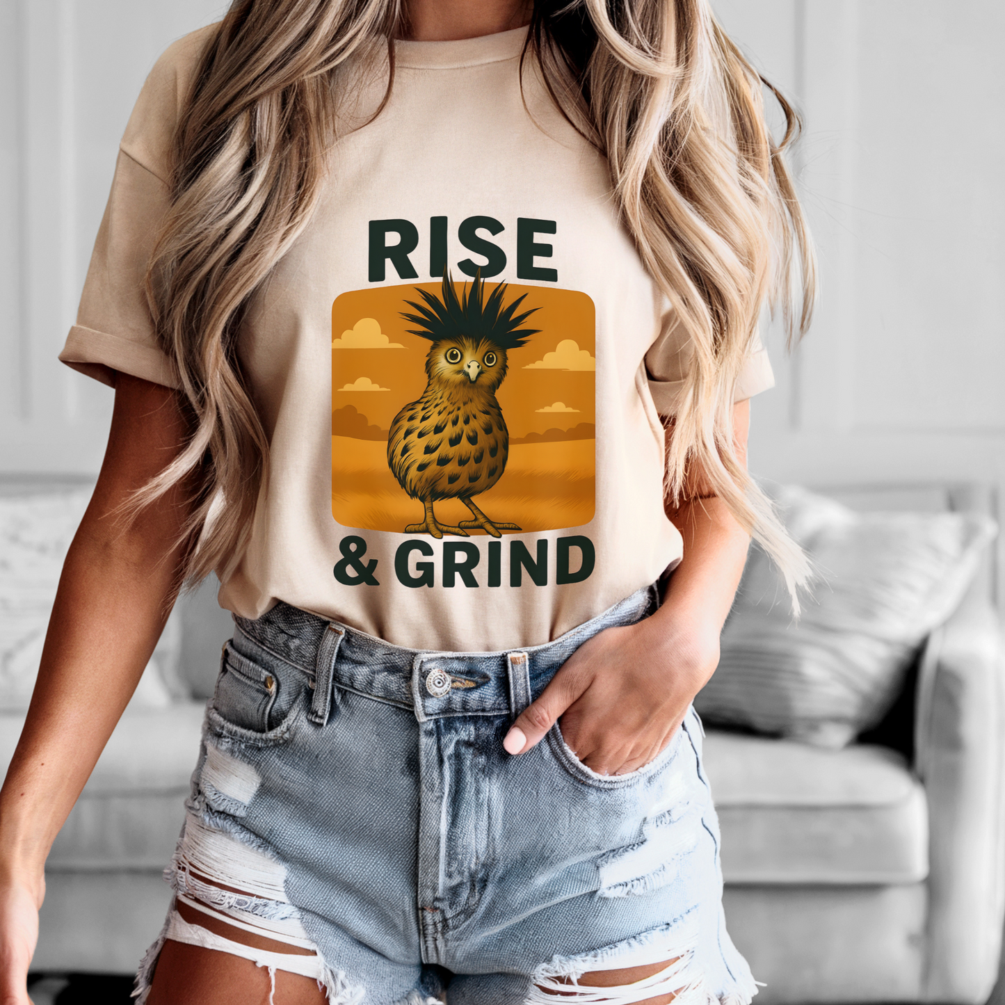 Rise & Grind Funny Bird Shirt – Vintage Morning Coffee Tee, Rustic Western Graphic, Sarcastic Farm Animal T-Shirt, Cowgirl Country Life Gift
