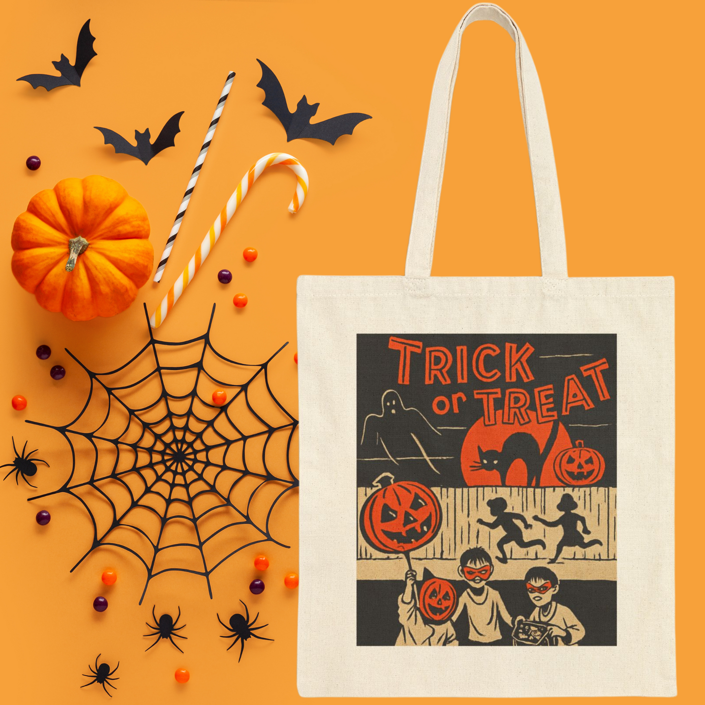 Vintage Halloween Trick or Treat Tote Bag – Retro 70s Jack-O’-Lantern Canvas Candy Bag – Black Cat & Ghost Halloween Treat Bag for Kids & Adults
