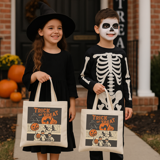 Vintage Halloween Trick or Treat Tote Bag – Retro 70s Jack-O’-Lantern Canvas Candy Bag – Black Cat & Ghost Halloween Treat Bag for Kids & Adults