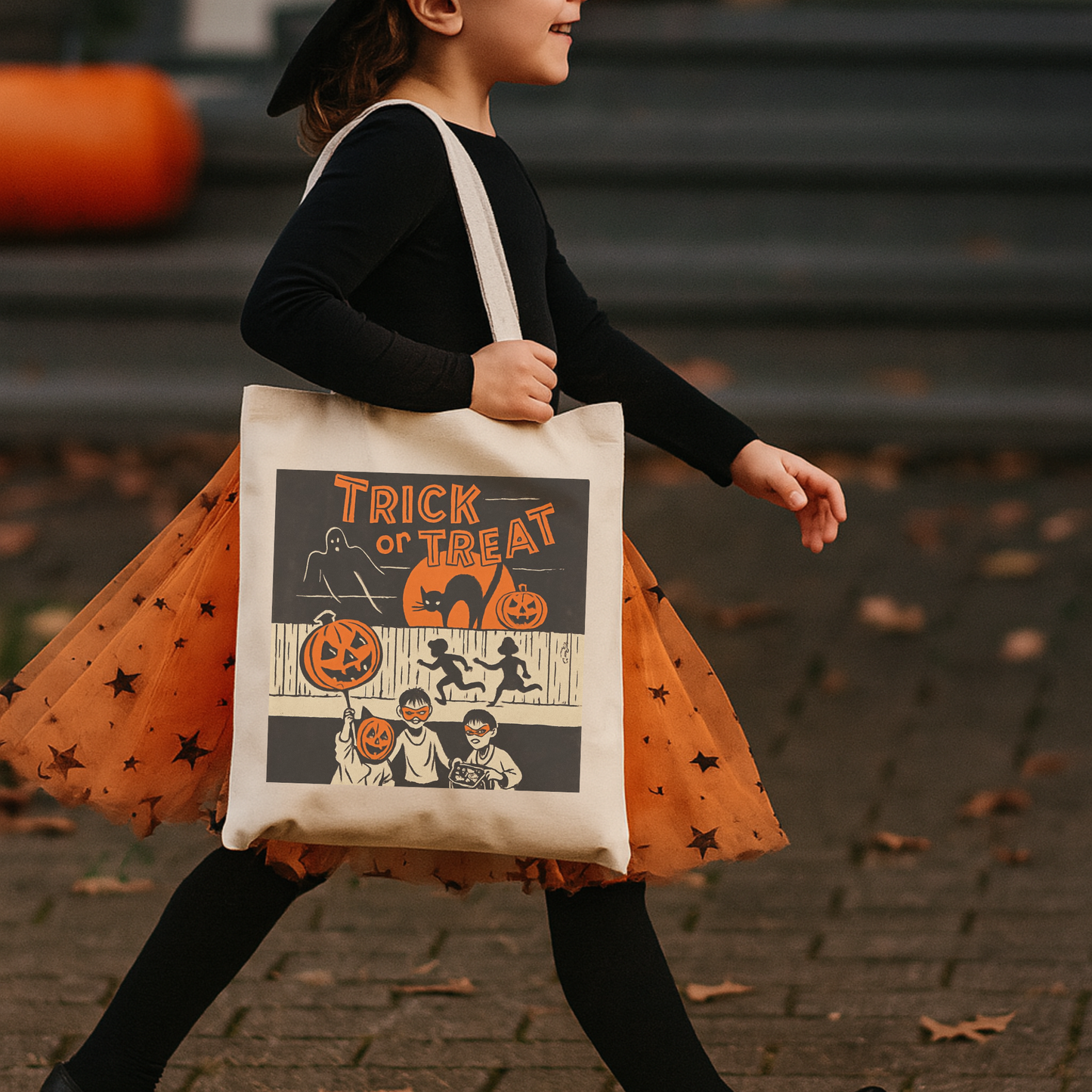 Vintage Halloween Trick or Treat Tote Bag – Retro 70s Jack-O’-Lantern Canvas Candy Bag – Black Cat & Ghost Halloween Treat Bag for Kids & Adults