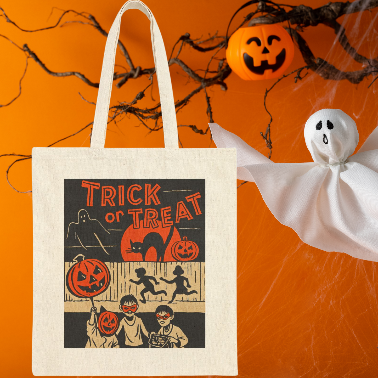 Vintage Halloween Trick or Treat Tote Bag – Retro 70s Jack-O’-Lantern Canvas Candy Bag – Black Cat & Ghost Halloween Treat Bag for Kids & Adults