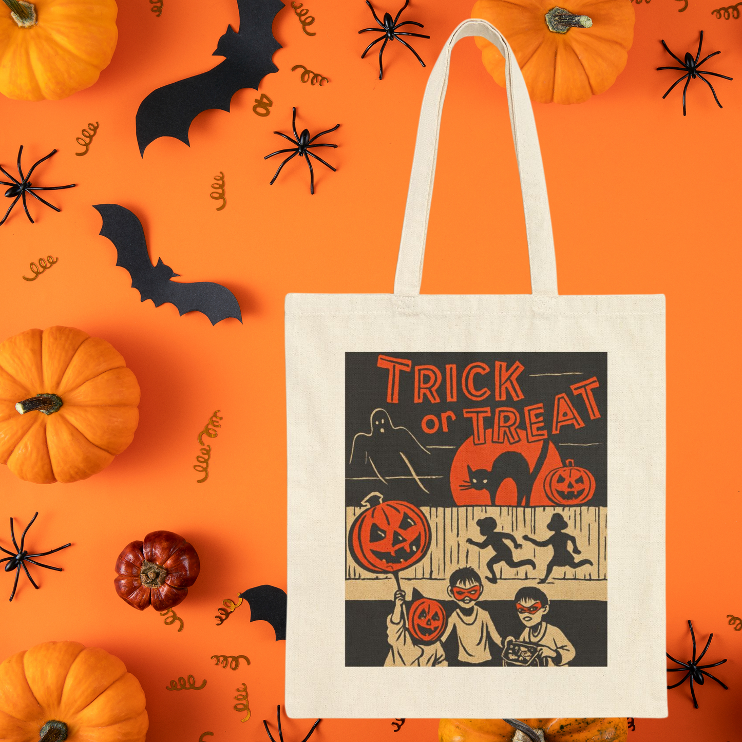 Vintage Halloween Trick or Treat Tote Bag – Retro 70s Jack-O’-Lantern Canvas Candy Bag – Black Cat & Ghost Halloween Treat Bag for Kids & Adults