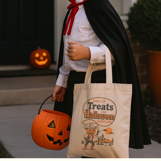 Vintage Cowboy Pumpkin Halloween Tote Bag – Western Trick or Treat Bag, Rustic Country Canvas Candy Bag for Cowgirls, Kids & Adults