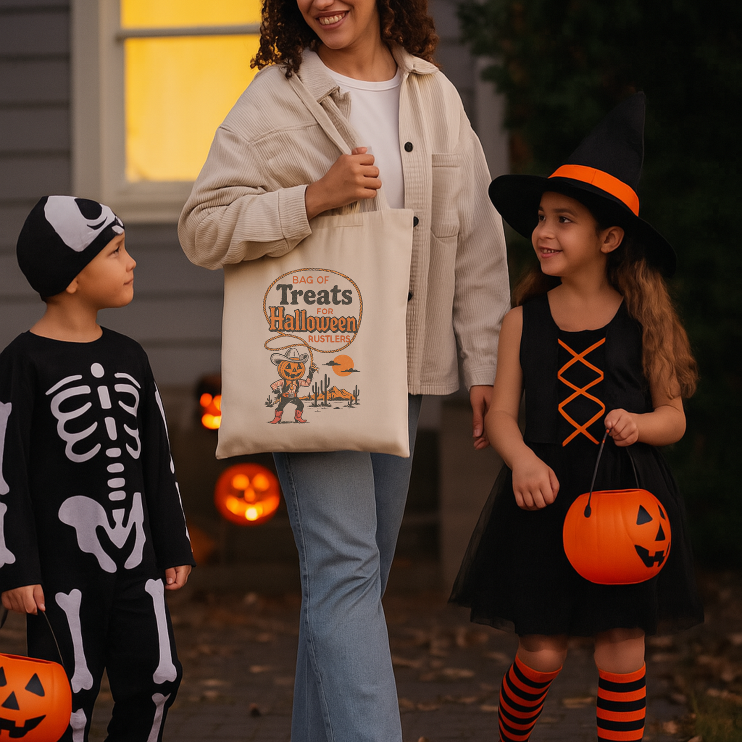 Vintage Cowboy Pumpkin Halloween Tote Bag – Western Trick or Treat Bag, Rustic Country Canvas Candy Bag for Cowgirls, Kids & Adults