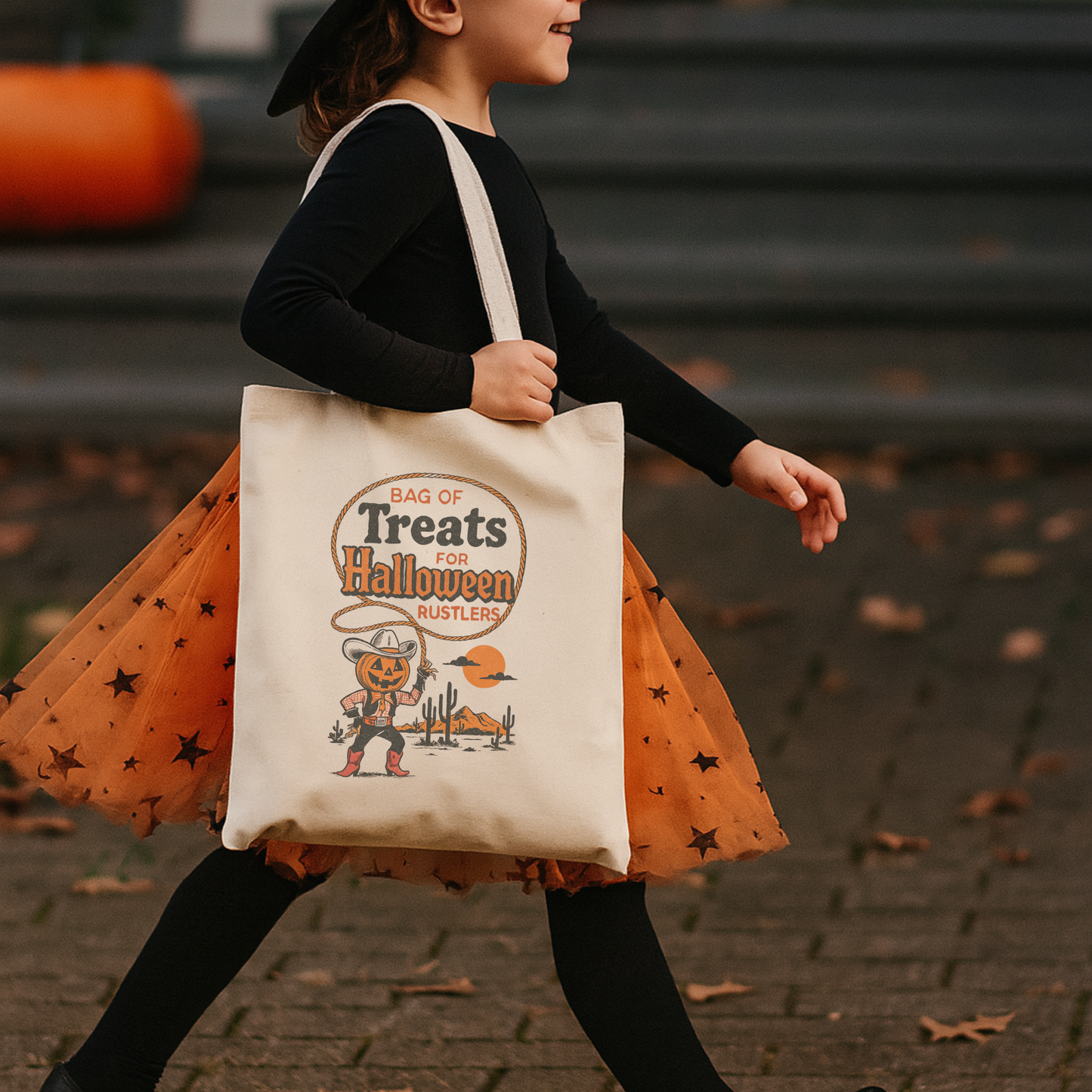 Vintage Cowboy Pumpkin Halloween Tote Bag – Western Trick or Treat Bag, Rustic Country Canvas Candy Bag for Cowgirls, Kids & Adults