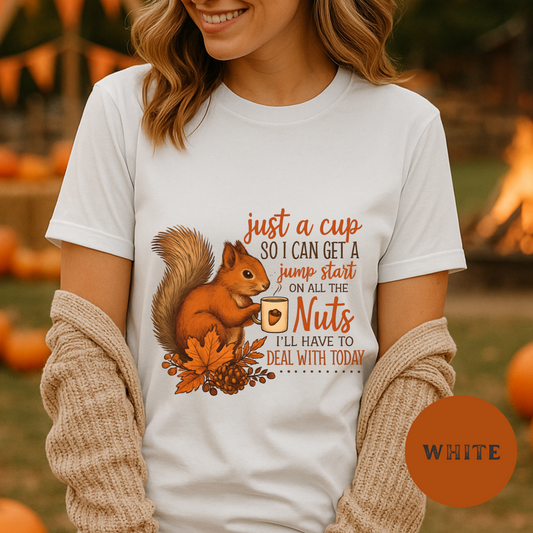 Funny Squirrel Coffee Shirt – Autumn Fall Tee, Sarcastic Woodland Animal Graphic T-Shirt, Rustic Country Humor Top