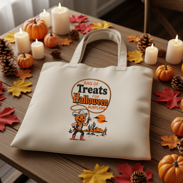 Vintage Cowboy Pumpkin Halloween Tote Bag – Western Trick or Treat Bag, Rustic Country Canvas Candy Bag for Cowgirls, Kids & Adults