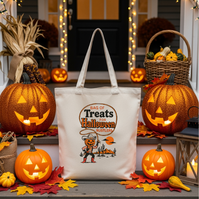 Vintage Cowboy Pumpkin Halloween Tote Bag – Western Trick or Treat Bag, Rustic Country Canvas Candy Bag for Cowgirls, Kids & Adults