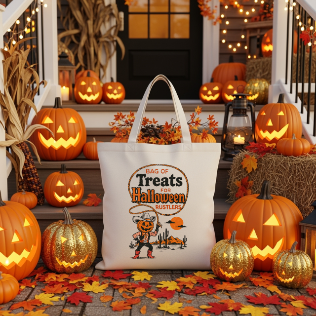Vintage Cowboy Pumpkin Halloween Tote Bag – Western Trick or Treat Bag, Rustic Country Canvas Candy Bag for Cowgirls, Kids & Adults