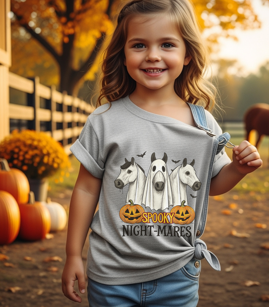 Spooky Night-Mares Halloween Horse Shirt for Kids Toddler Boys Girls Funny Pumpkin Ghost Western Cowgirl Tee