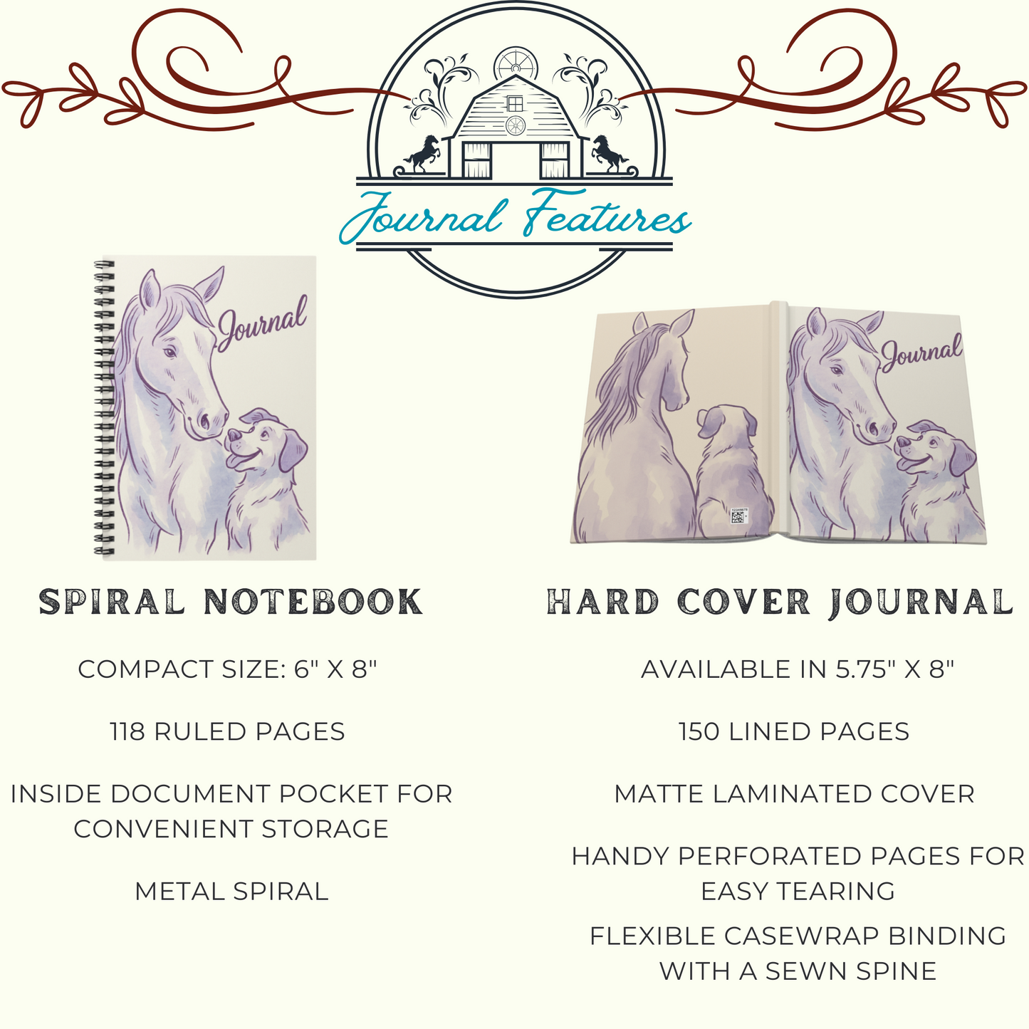 Horse and Dog Journal Spiral Notebook, Horse girl Journal, Cute Animal Lover Writing Journal, Farm Life Diary, Equestrian Gift Notebook, Dog Mom Journal