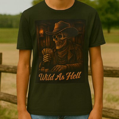 This Western outlaw skeleton shirt is perfect for poker players, cowboy rebels, Halloween outfits, biker tees, vintage Western fans, and rock concert apparel.