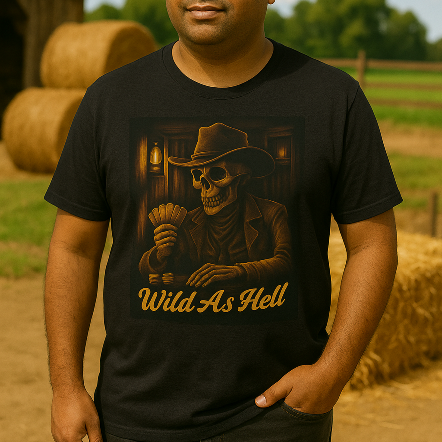 This Western outlaw skeleton shirt is perfect for poker players, cowboy rebels, Halloween outfits, biker tees, vintage Western fans, and rock concert apparel.