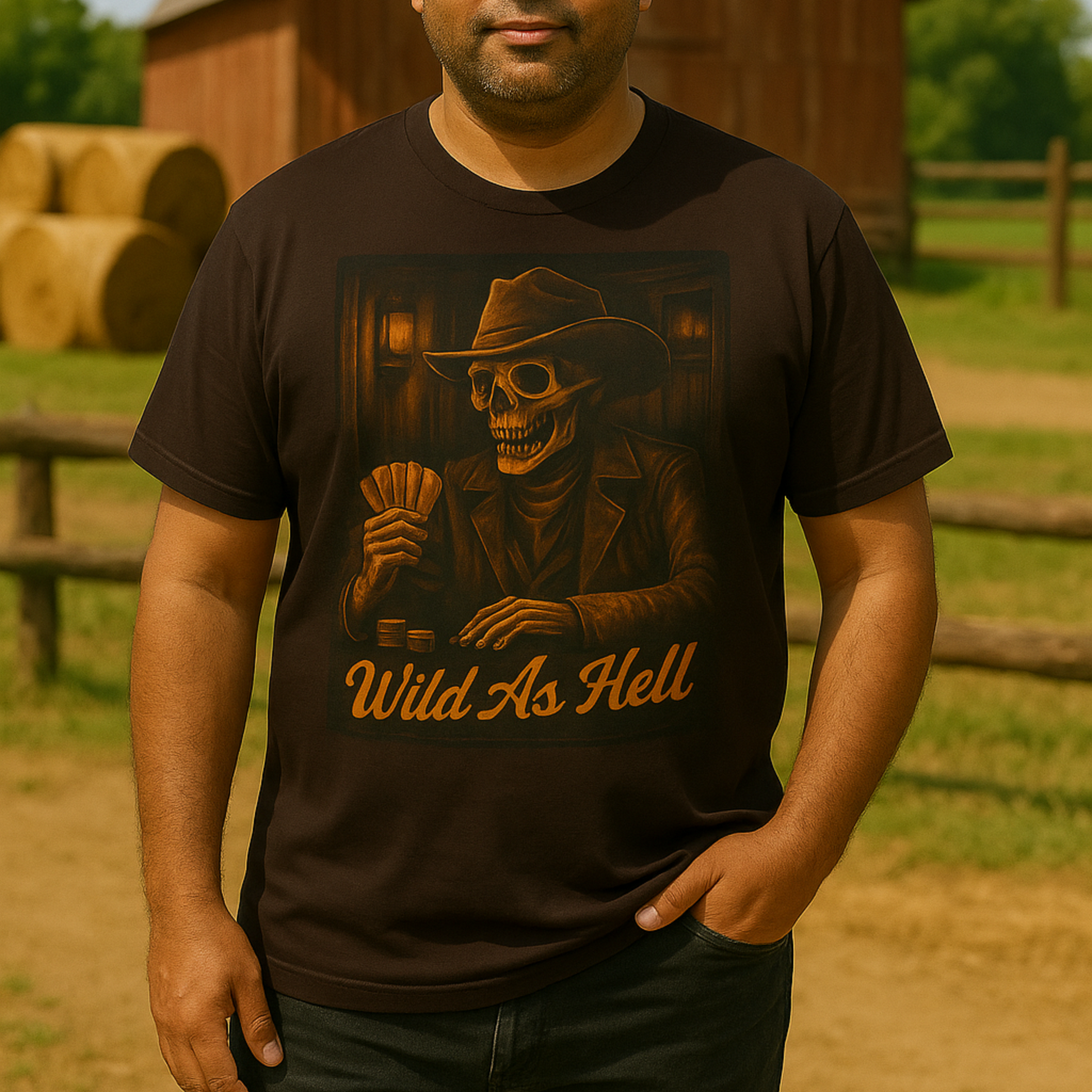 This Western outlaw skeleton shirt is perfect for poker players, cowboy rebels, Halloween outfits, biker tees, vintage Western fans, and rock concert apparel.