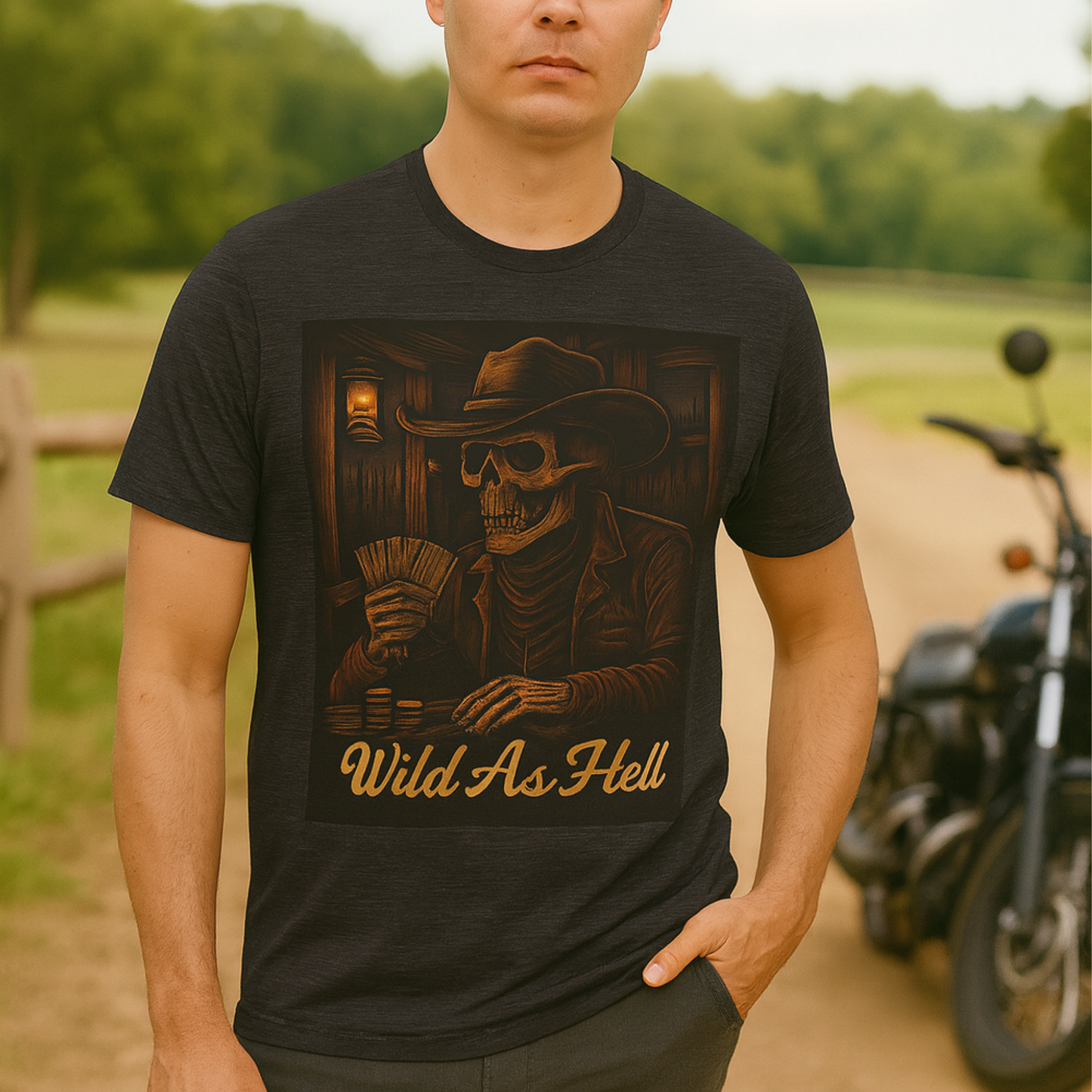 This Western outlaw skeleton shirt is perfect for poker players, cowboy rebels, Halloween outfits, biker tees, vintage Western fans, and rock concert apparel.