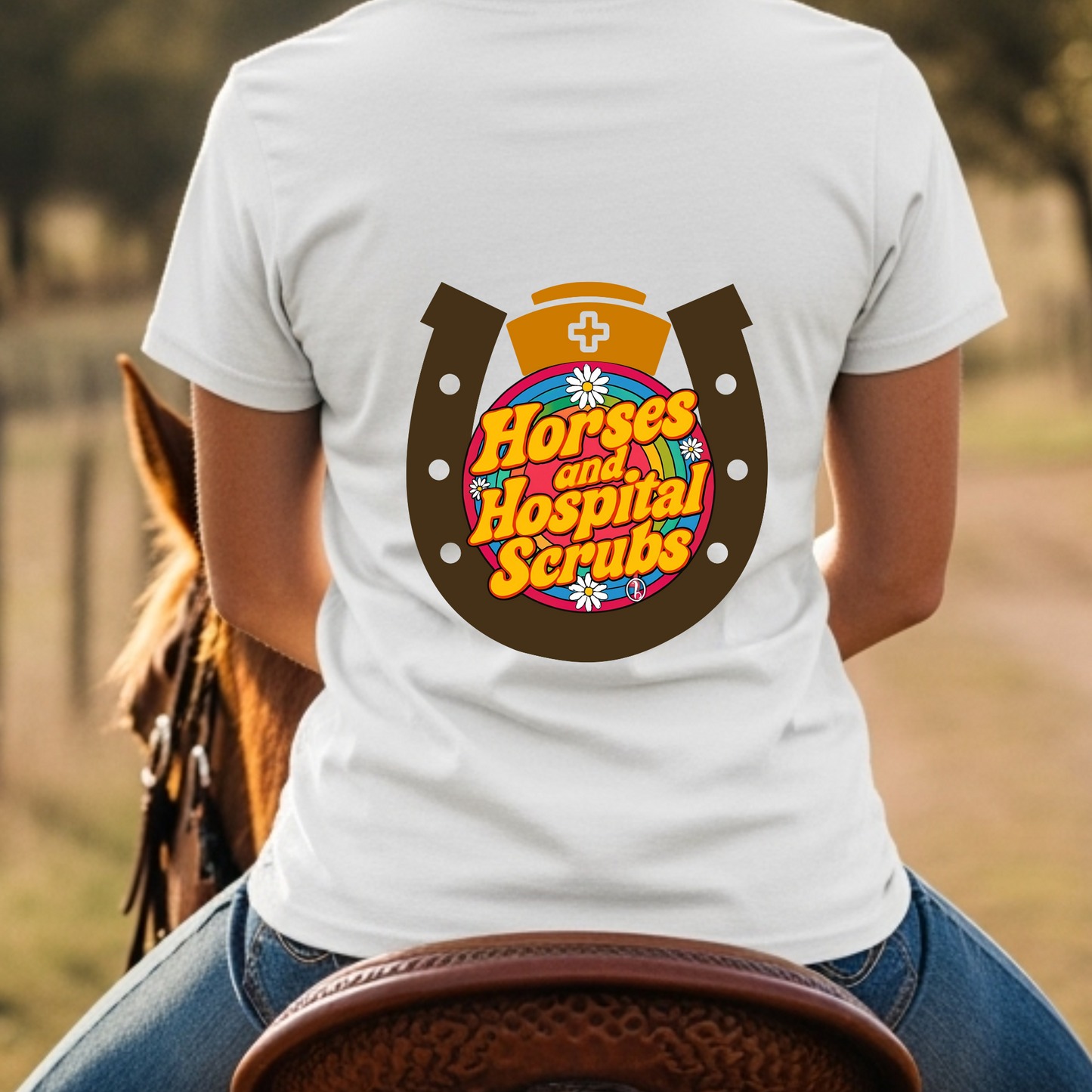 Horses and Hospital Scrubs Shirt – Retro Nurse Graphic Tee for Equestrians, Cowgirls, Vet Techs & Medical Pros
