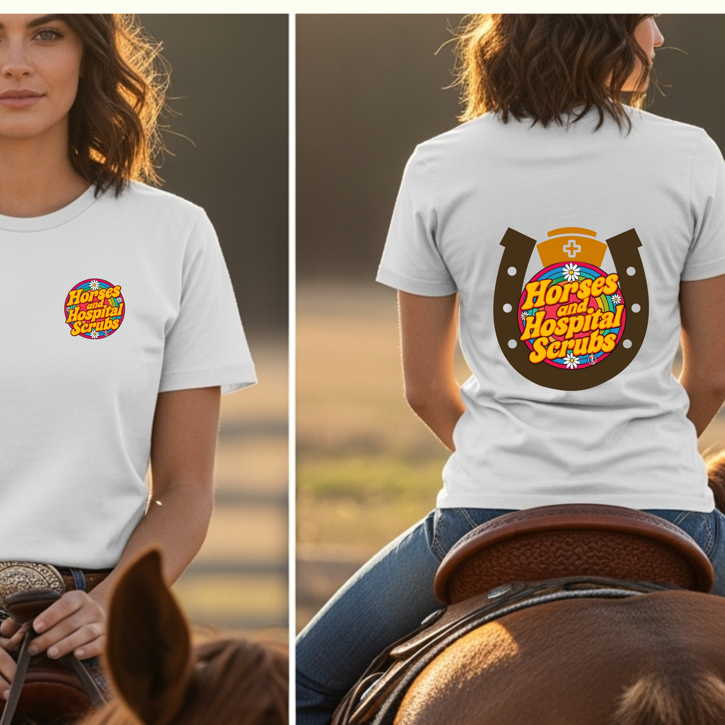 Horses and Hospital Scrubs Shirt – Retro Nurse Graphic Tee for Equestrians, Cowgirls, Vet Techs & Medical Pros