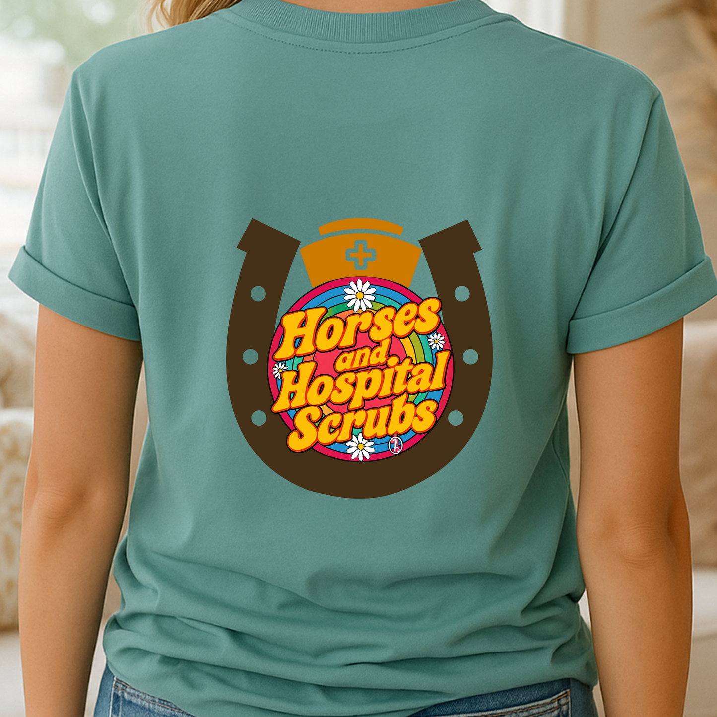 Horses and Hospital Scrubs Shirt – Retro Nurse Graphic Tee for Equestrians, Cowgirls, Vet Techs & Medical Pros