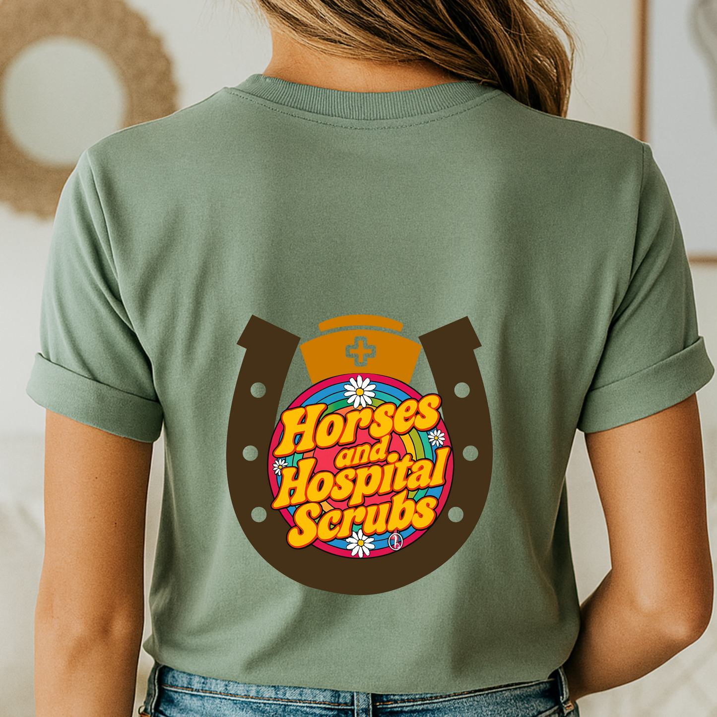 Horses and Hospital Scrubs Shirt – Retro Nurse Graphic Tee for Equestrians, Cowgirls, Vet Techs & Medical Pros