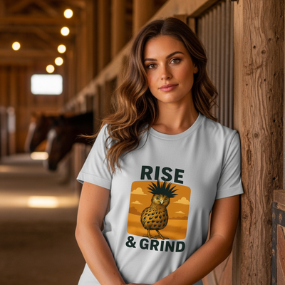 Funny Coffee Shirt Rise and Grind Chicken Graphic Tee Morning Humor Gift for Coffee Lovers Farmers Chicken Moms Dads