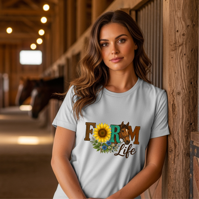 Farm Life Shirt Country Living Graphic Tee Rustic Sunflower Horse Farm Wife Cattle Chicken Farmer Cow Country Music Barn T-Shirt